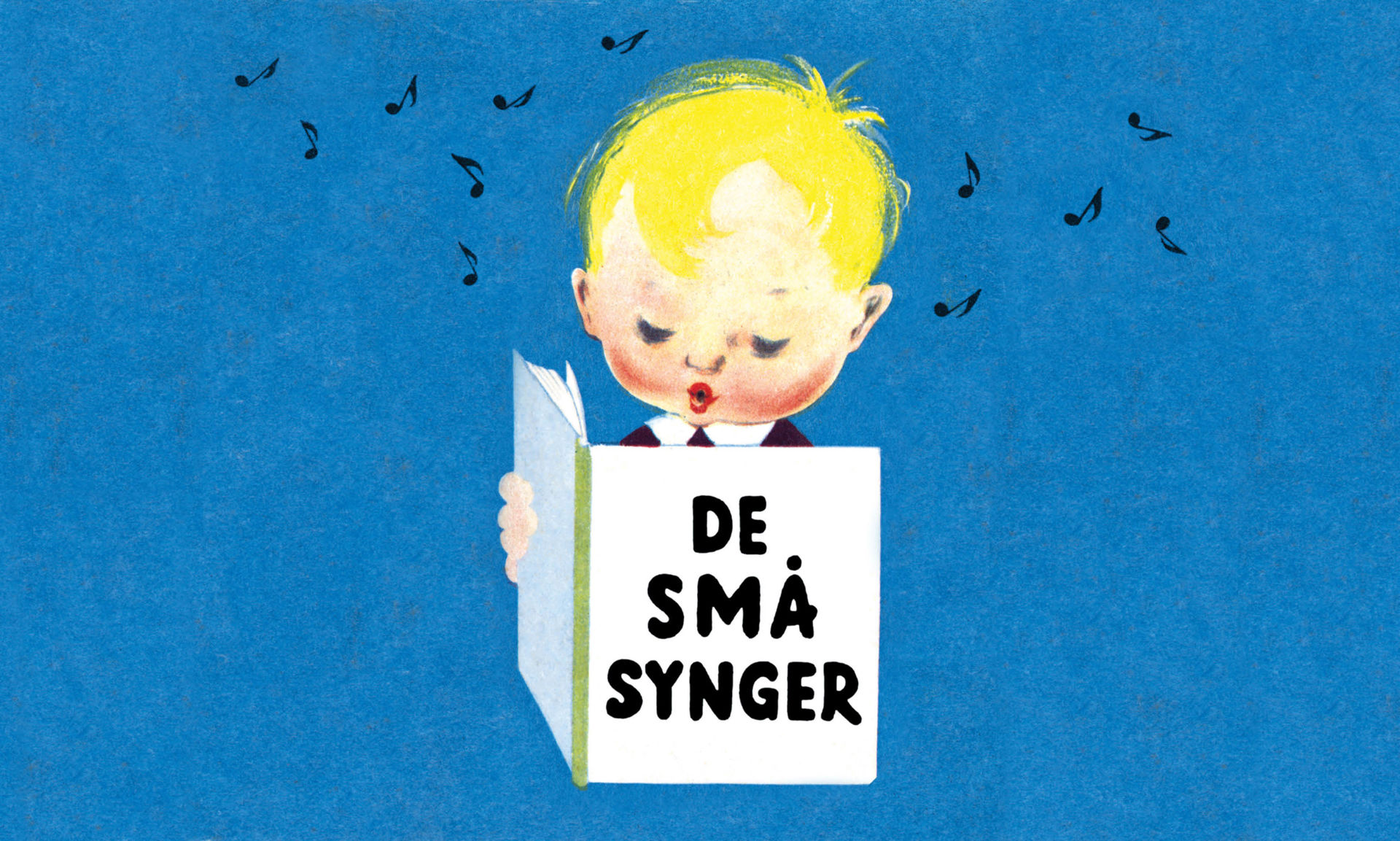 Illustration mod en blå baggrund af en person, der holder en åben hvid bog med teksten "DE SMÅ SYNGER" i sorte blokbogstaver. Omkring personen flyder sorte noder.